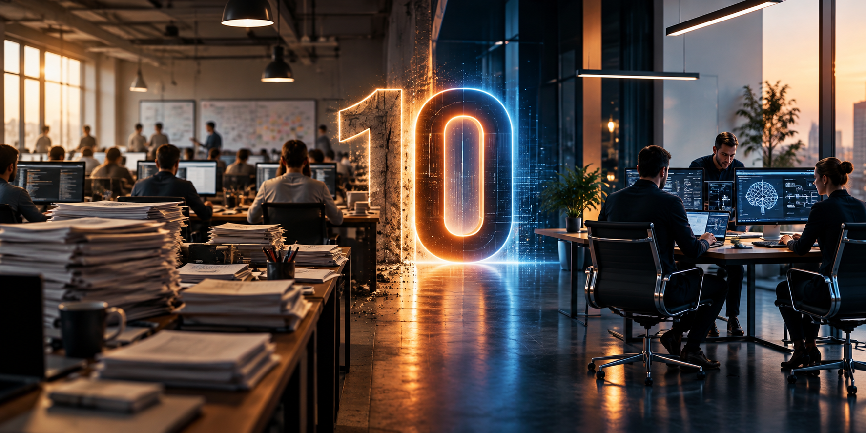 An office split in two: a traditional team buried in paper on one side, a small AI-enabled team on the other, with a glowing number 10 between them.
